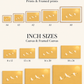 Size guide with bordered A-series prints and landscape canvases