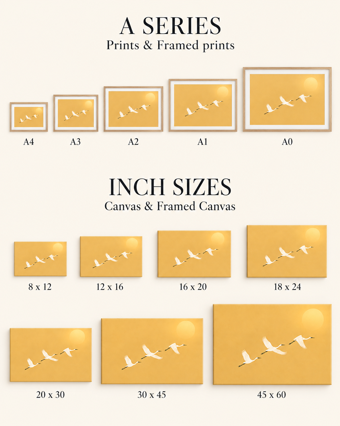 Size guide with bordered A-series prints and landscape canvases