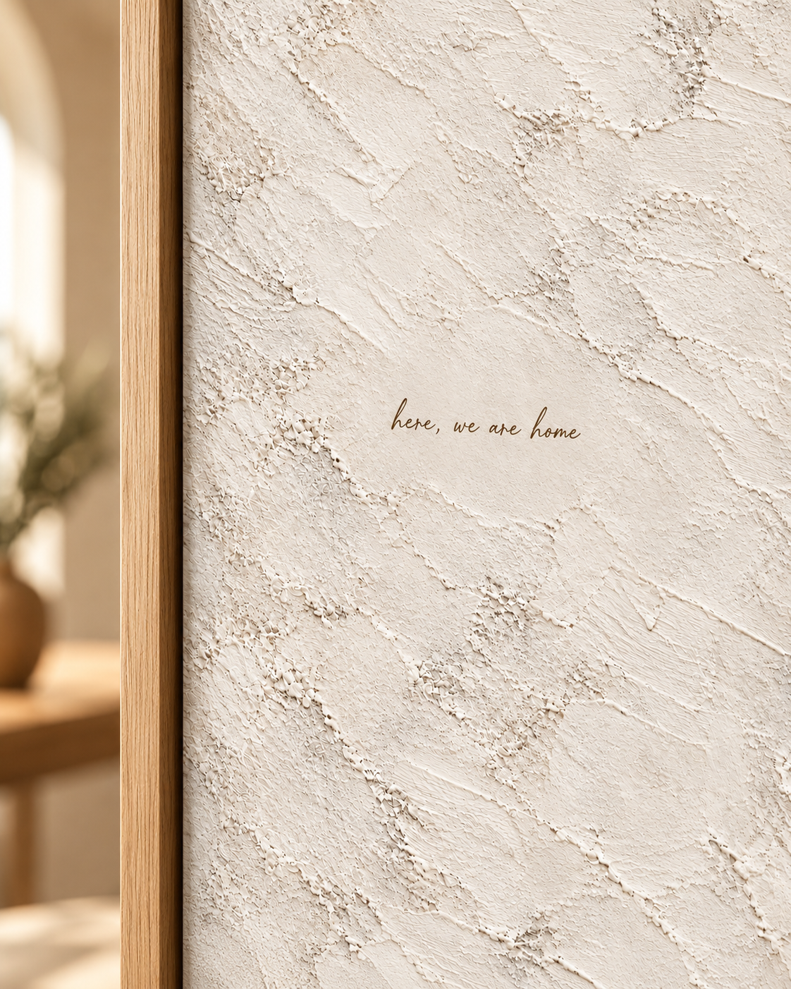 Close-up of the quote artwork in a light wood float frame