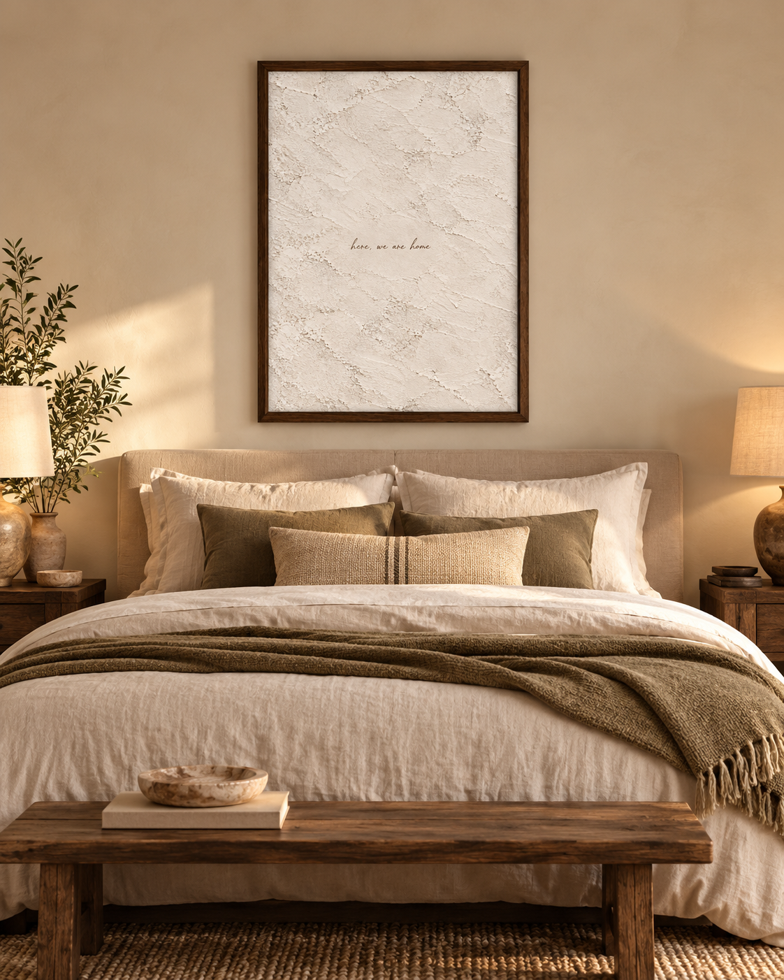 Here We Are Home quote artwork displayed in a bedroom