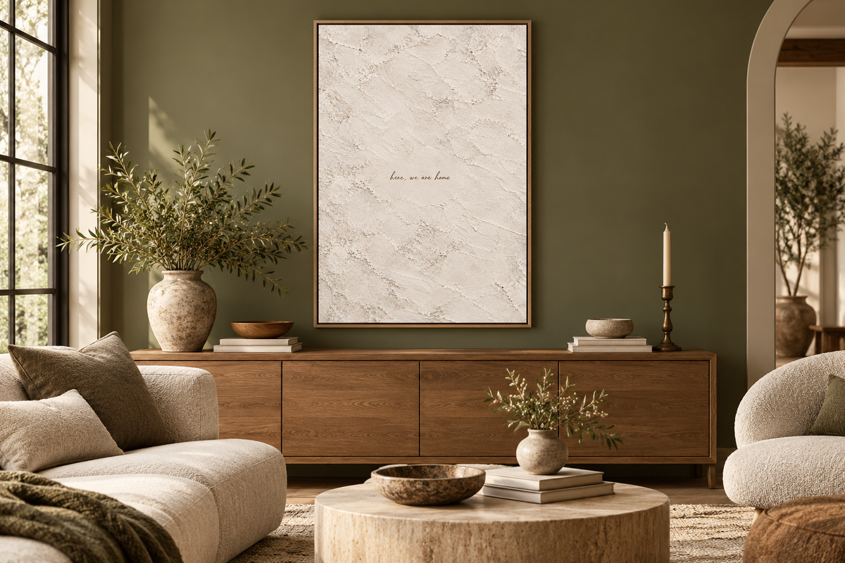 Neutral quote artwork in an olive green living room