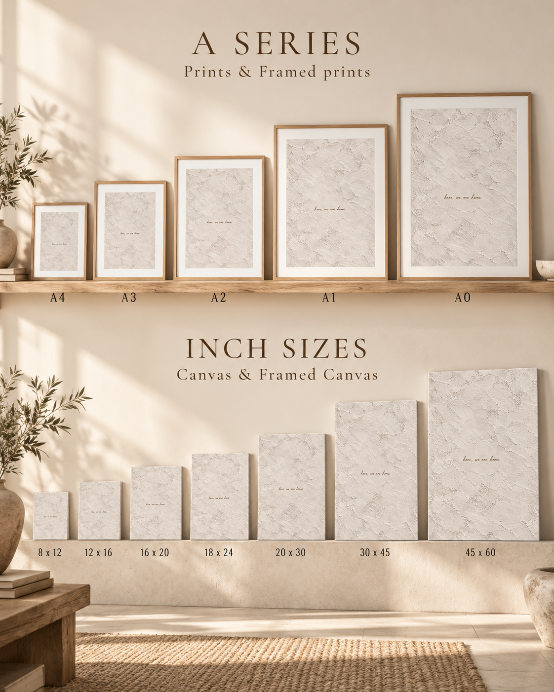 Size guide for A-series framed prints and inch-size canvases