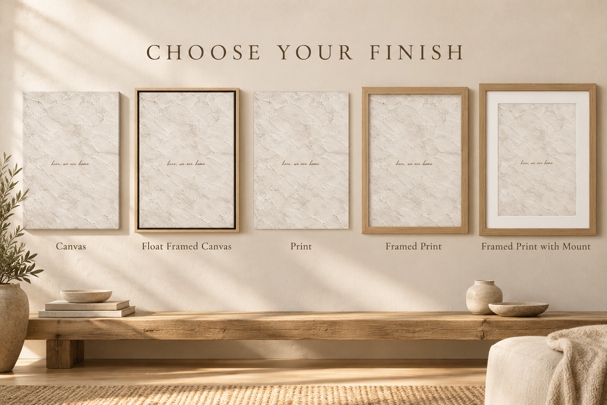 Choose your finish guide showing canvas, framed canvas and print options