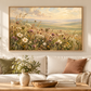 Meadow Reverie wildflower artwork in a light wood frame above a cream sofa