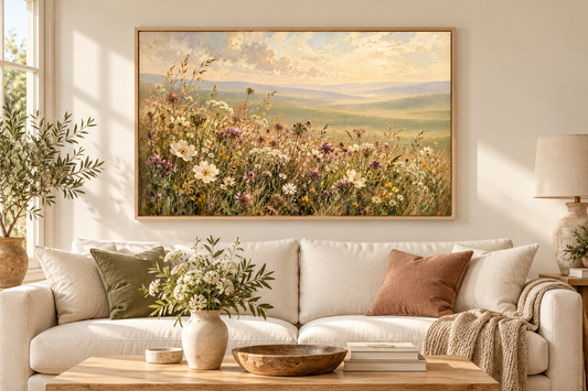 Meadow Reverie wildflower artwork in a light wood frame above a cream sofa