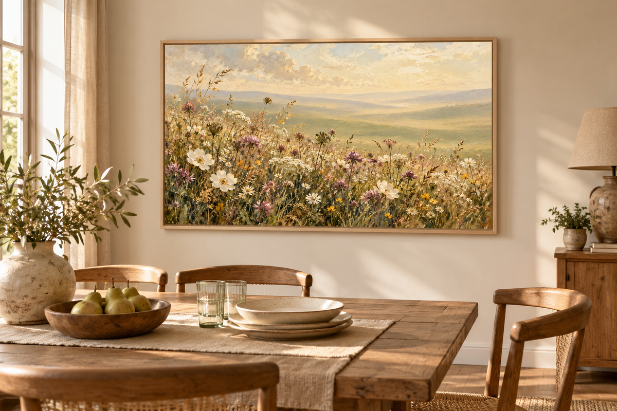 Meadow Reverie landscape art displayed in a warm dining room