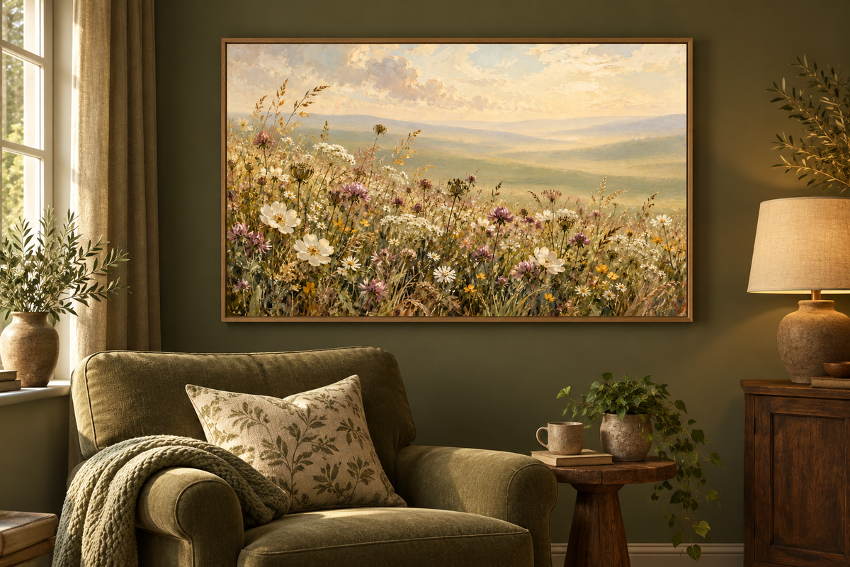 Meadow Reverie wildflower art in a dark olive green living room