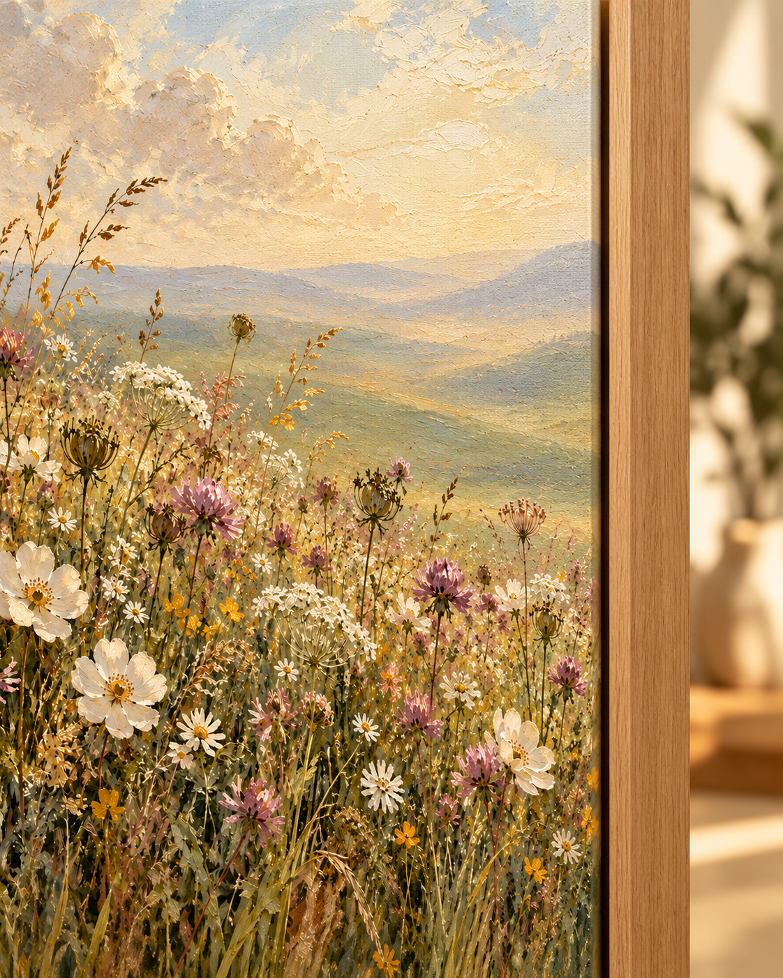 Close-up of meadow wildflowers and a natural wood float frame