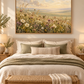 Wildflower landscape artwork in a warm neutral bedroom