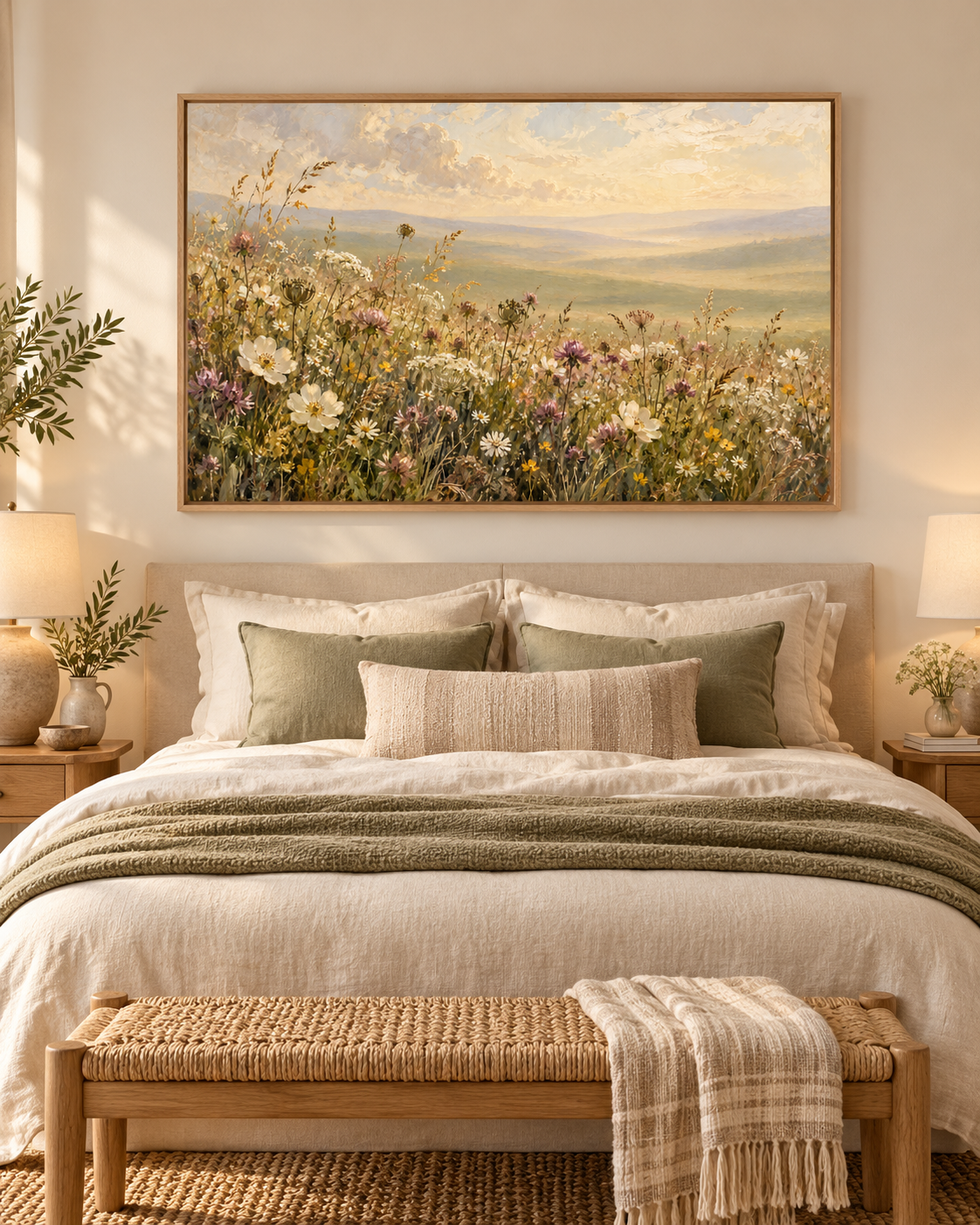 Wildflower landscape artwork in a warm neutral bedroom