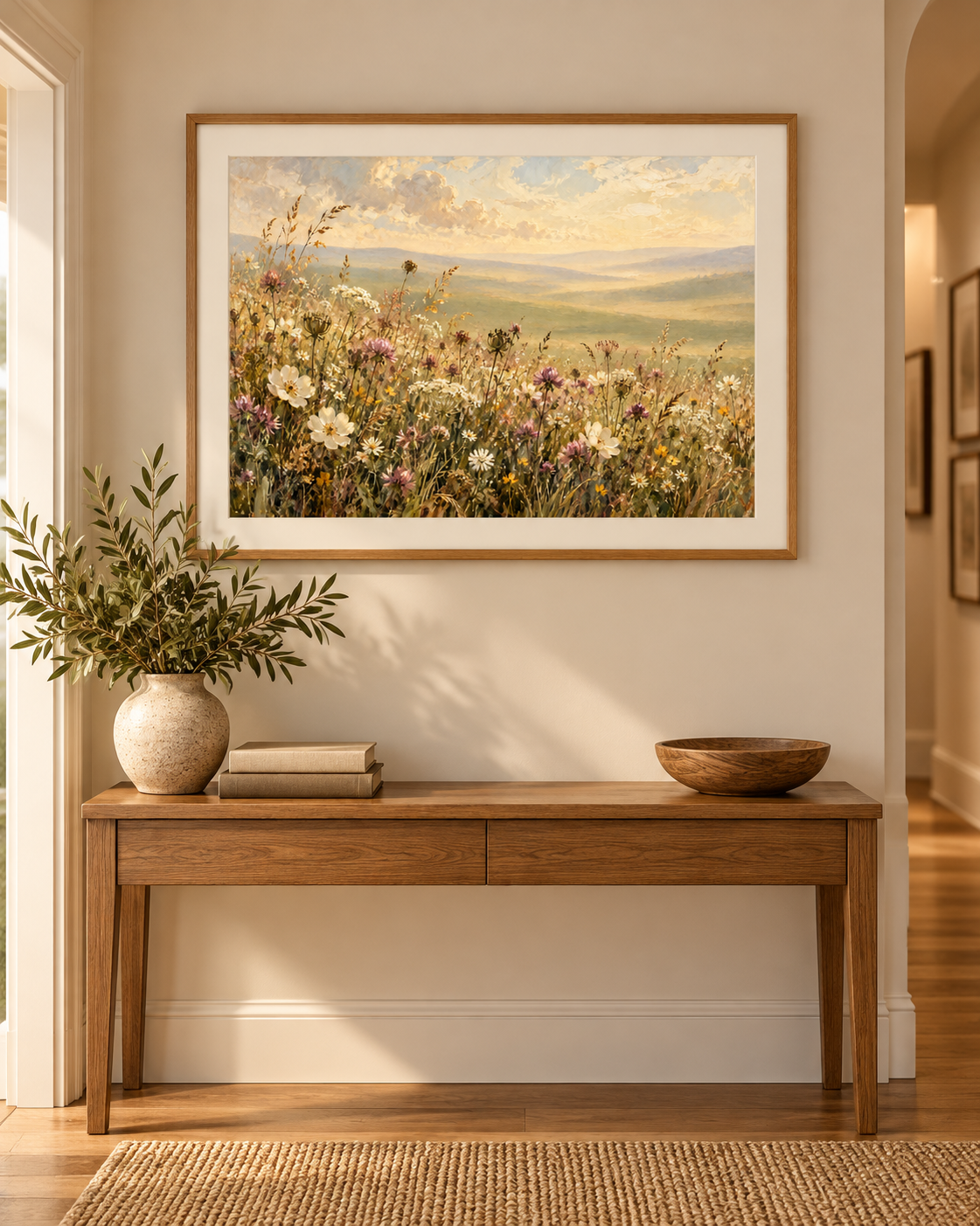 Meadow Reverie mounted framed print displayed in a hallway