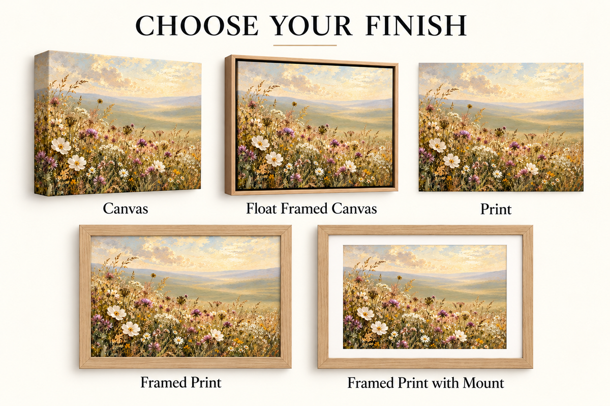 Choose your finish guide showing canvas, float frame, print and framed print options