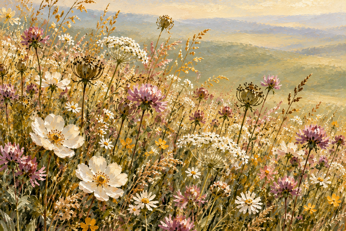 Close detail of cream and mauve wildflowers in the Meadow Reverie artwork