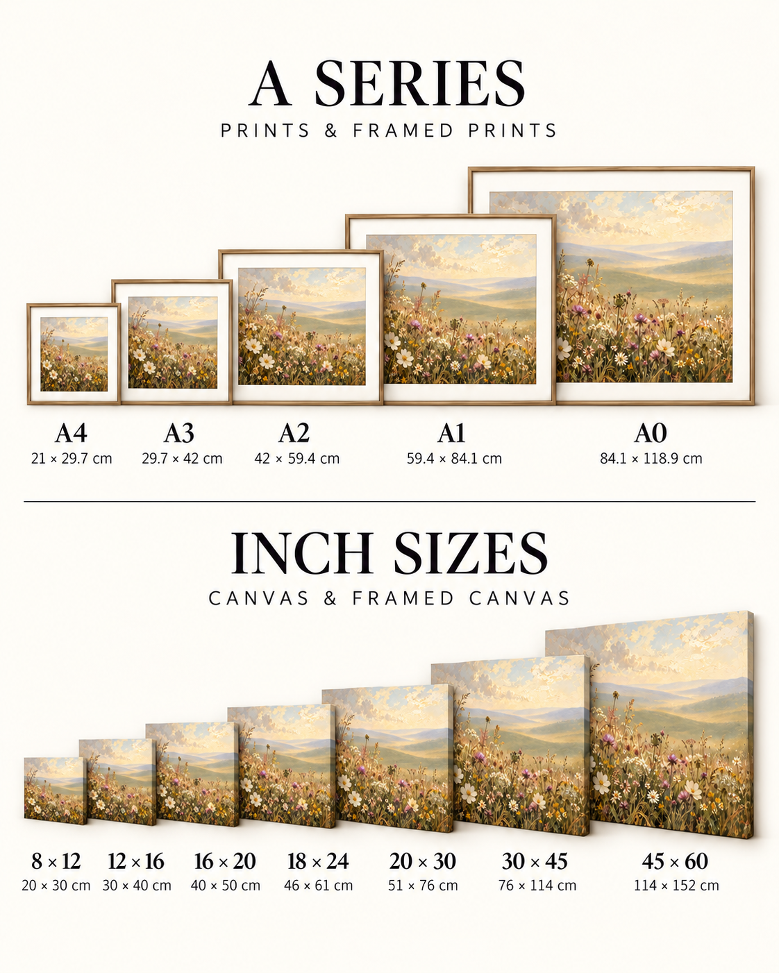 Size guide for A-series prints and inch-size canvas wall art