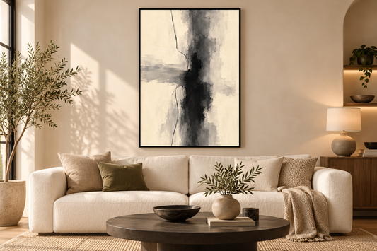 Quiet Contrast portrait abstract in a black frame above a cream sofa