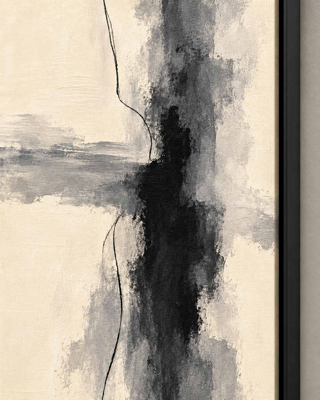 Close-up of Quiet Contrast canvas in a black float frame