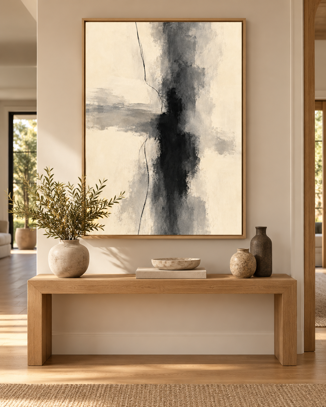 Quiet Contrast abstract artwork above a hallway console