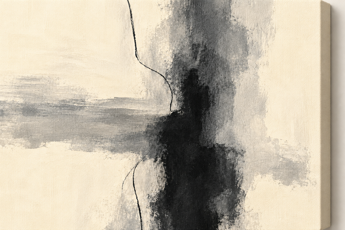 Close-up of cream grey and black abstract artwork on canvas