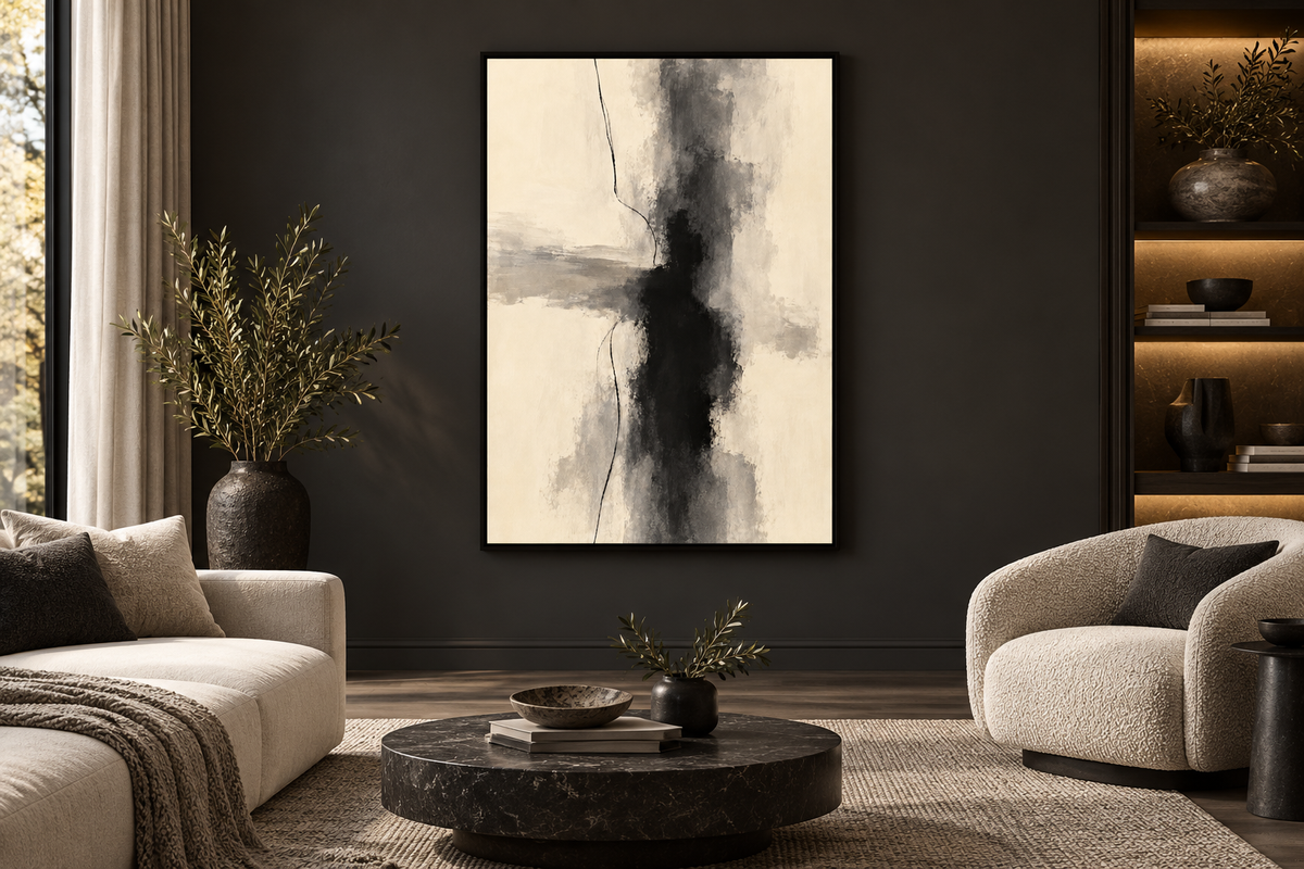 Quiet Contrast abstract wall art on a charcoal living room wall