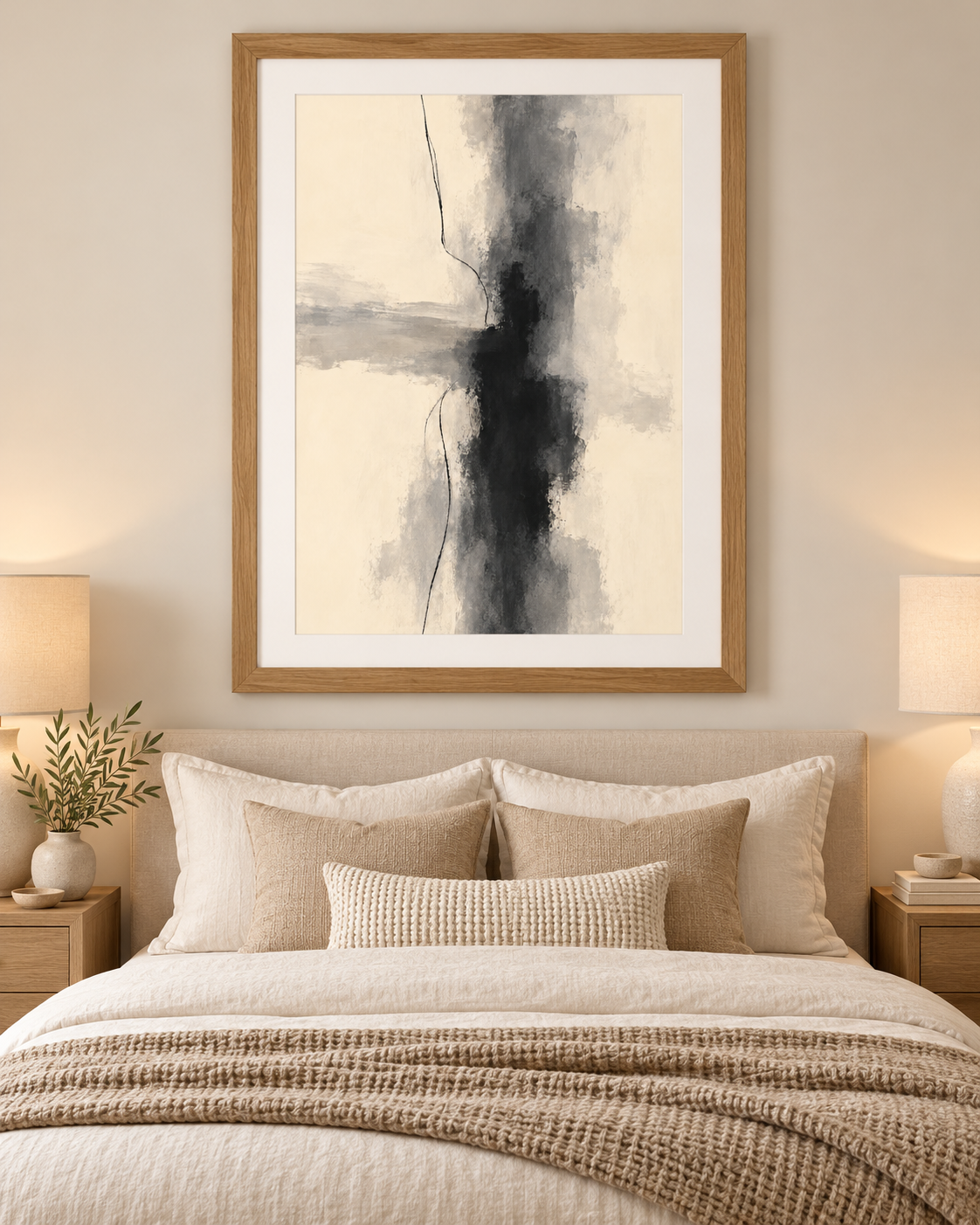 Mounted framed Quiet Contrast print in a neutral bedroom