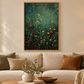 Dark green wildflower artwork in oak float frame above a sofa