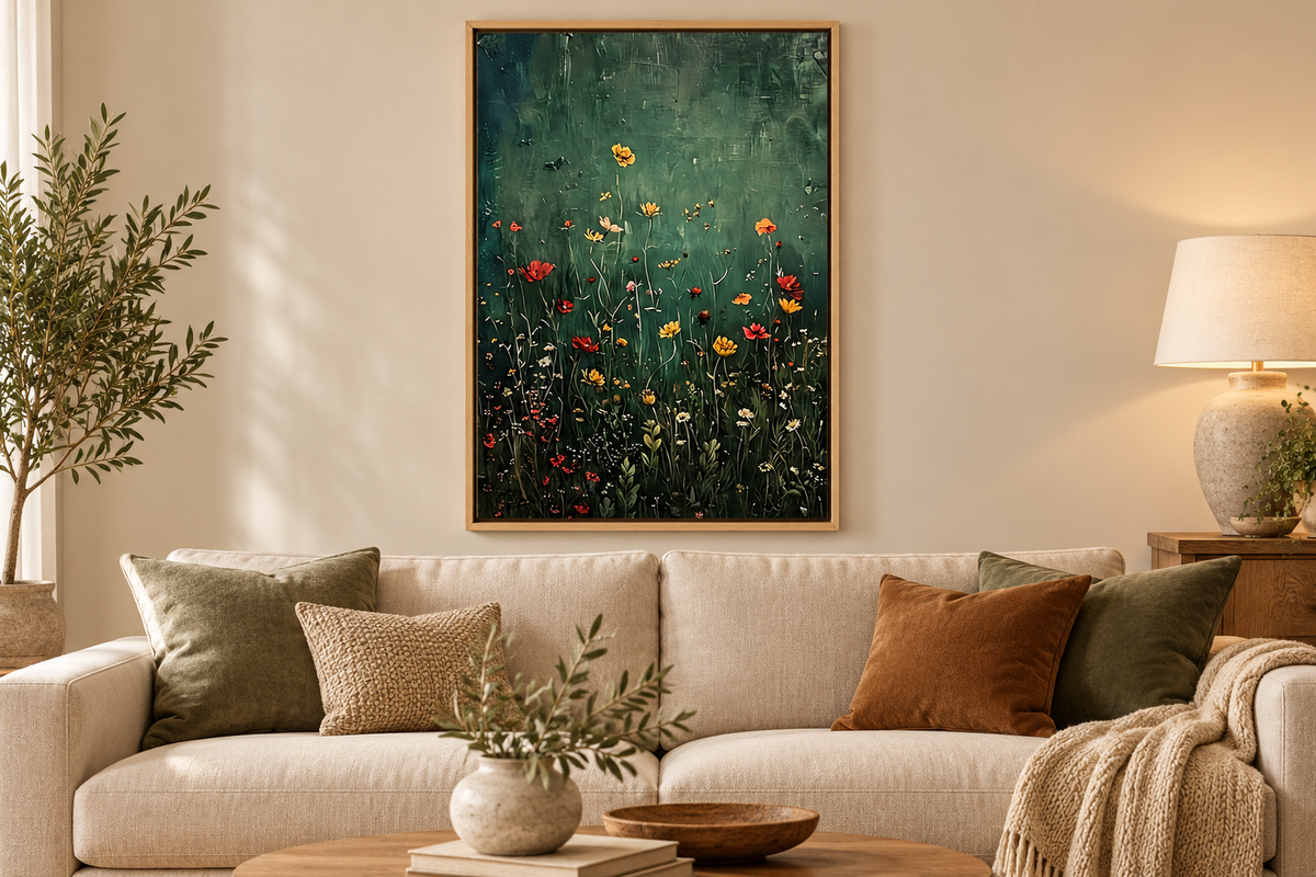 Dark green wildflower artwork in oak float frame above a sofa