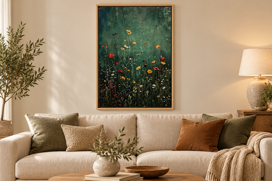 Dark green wildflower artwork in oak float frame above a sofa