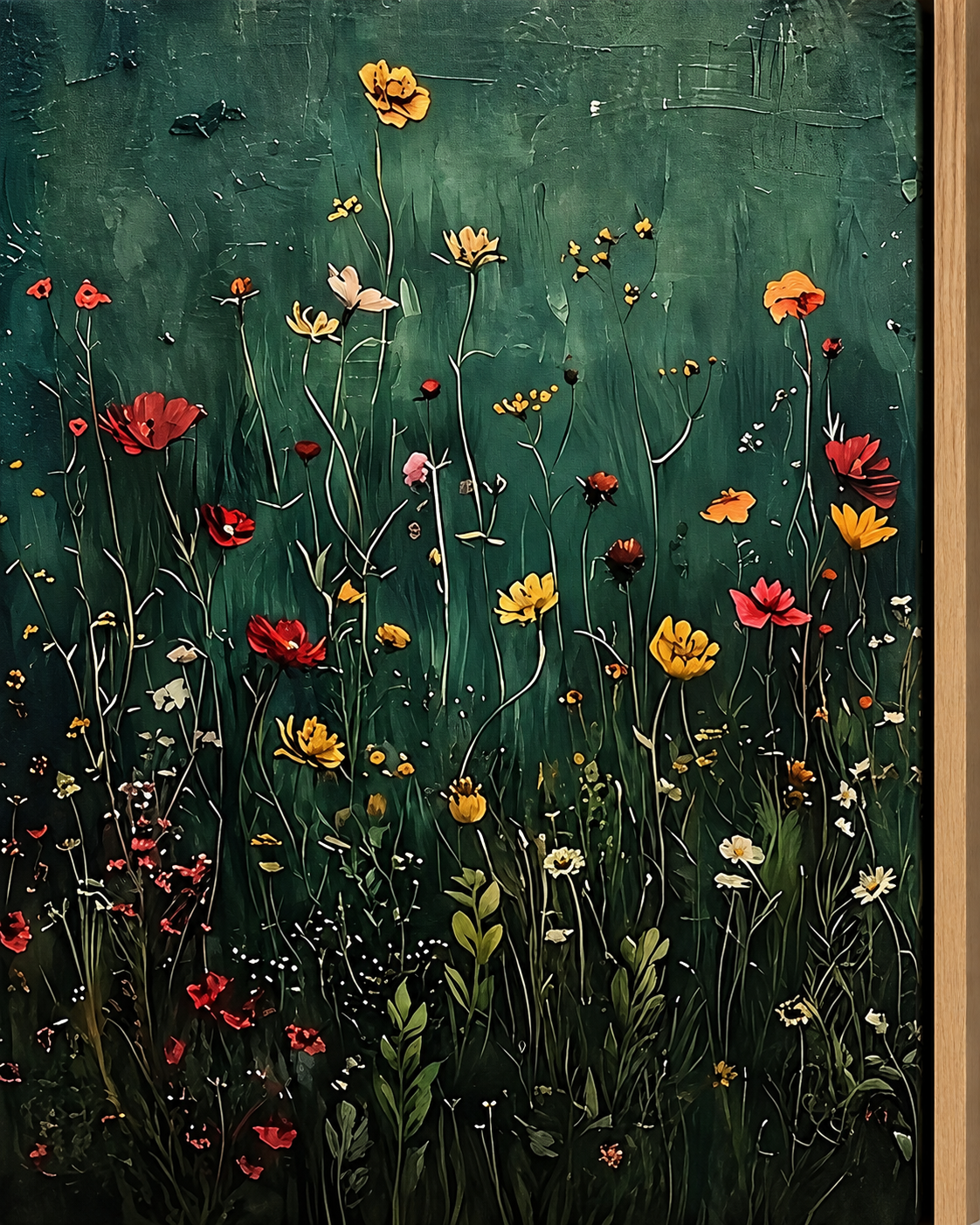 Close-up of wildflower artwork in an oak float frame