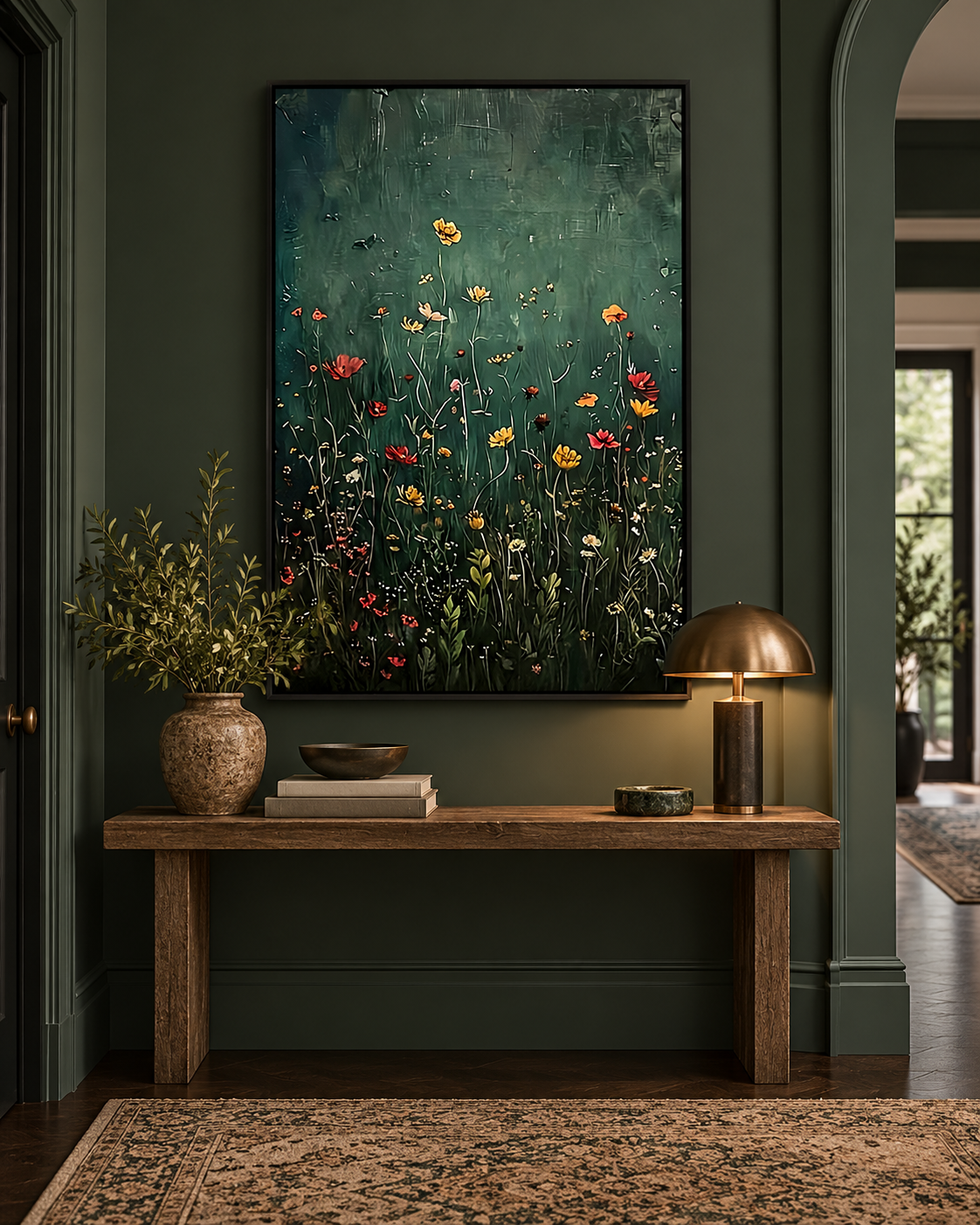 Dark green meadow artwork in a black frame in a hallway