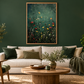 Green meadow wall art in a forest green living room
