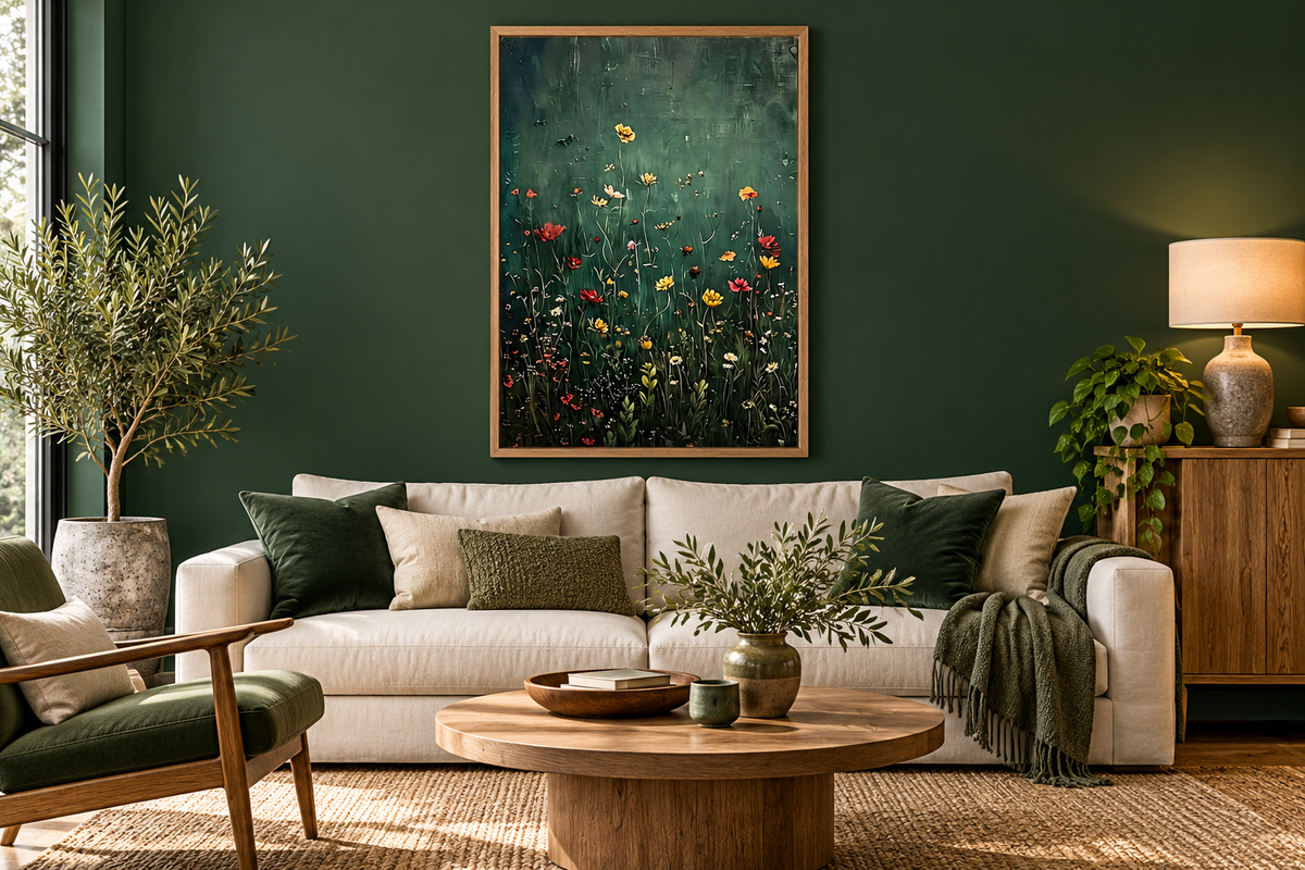 Green meadow wall art in a forest green living room