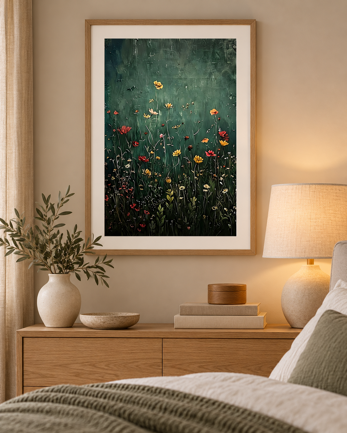 Mounted wildflower framed print in a neutral bedroom