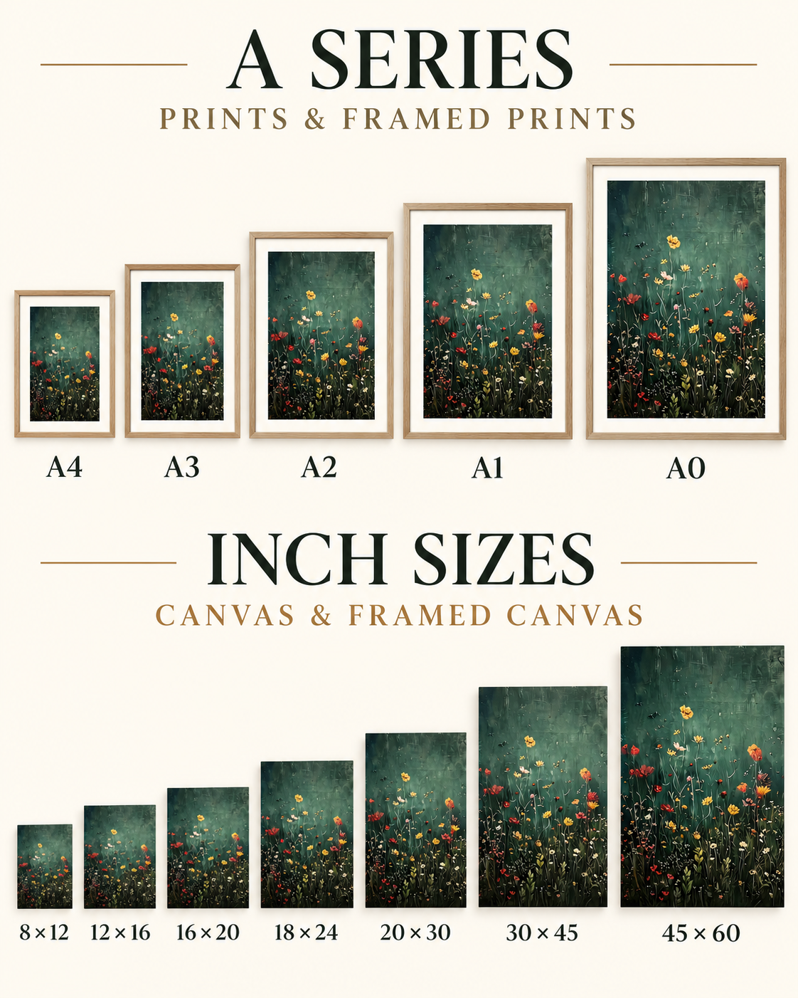 Dark green meadow A-series print and canvas size guide