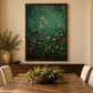 Green wildflower artwork in a warm dining room