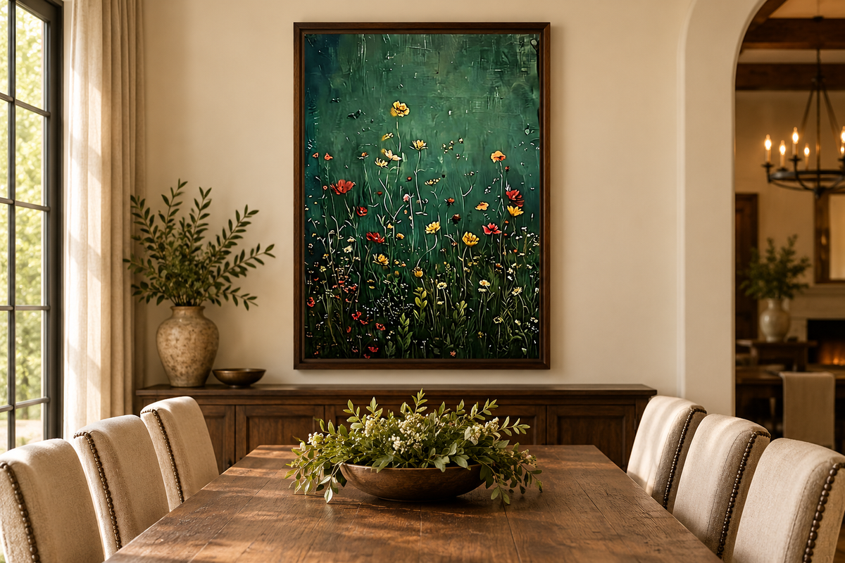 Green wildflower artwork in a warm dining room