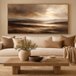 Brown abstract landscape in oak float frame above a sofa