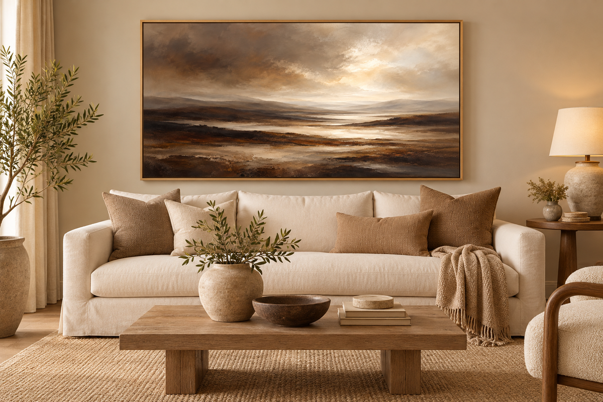 Brown abstract landscape in oak float frame above a sofa