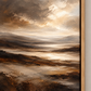 Close-up of brown landscape canvas in an oak float frame