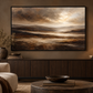 Brown landscape in black frame in a moody living room