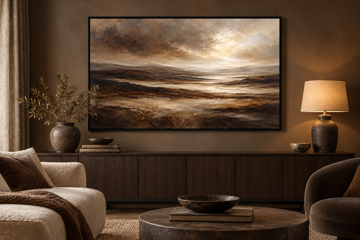 Brown landscape in black frame in a moody living room