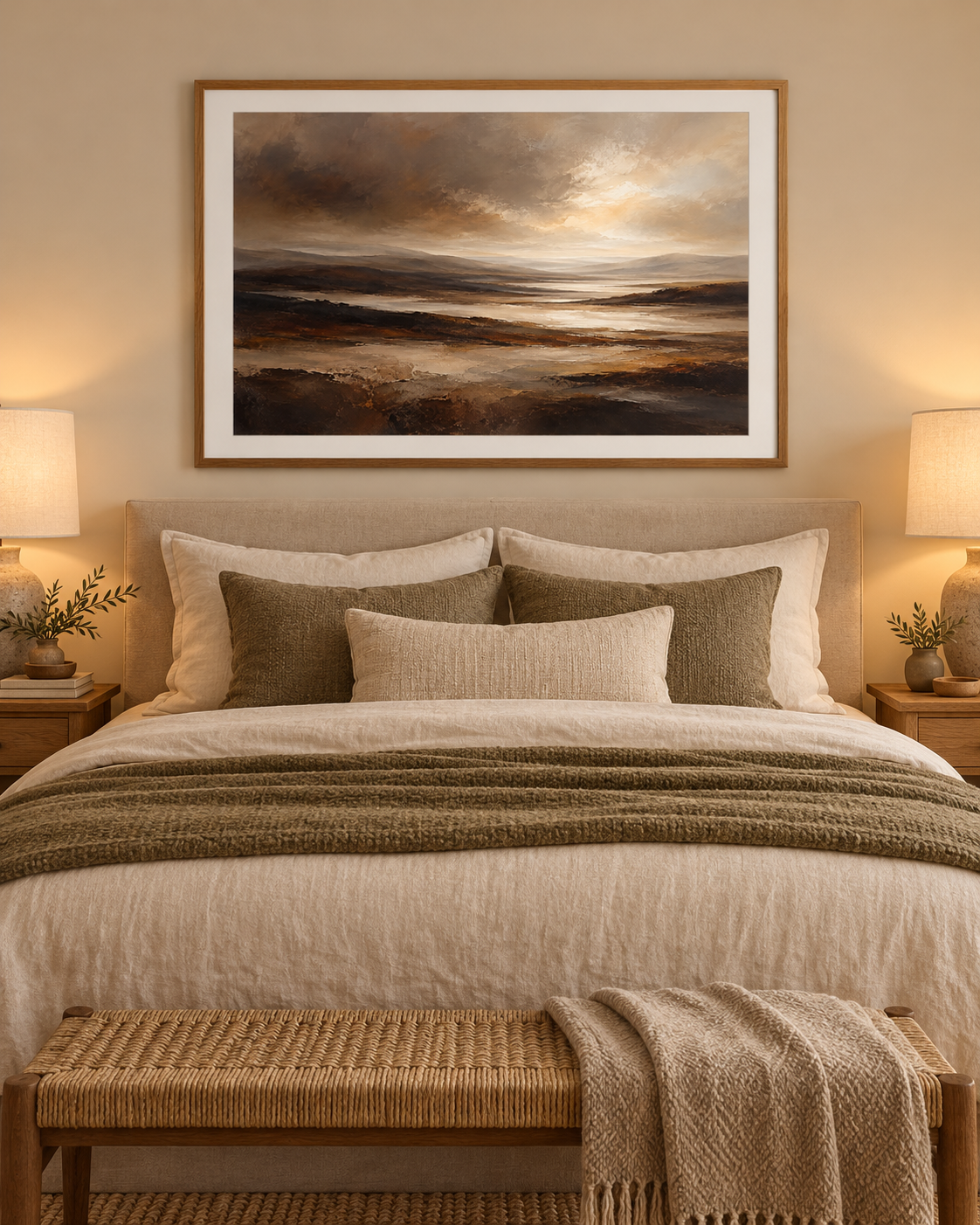 Mounted brown landscape print in a neutral bedroom