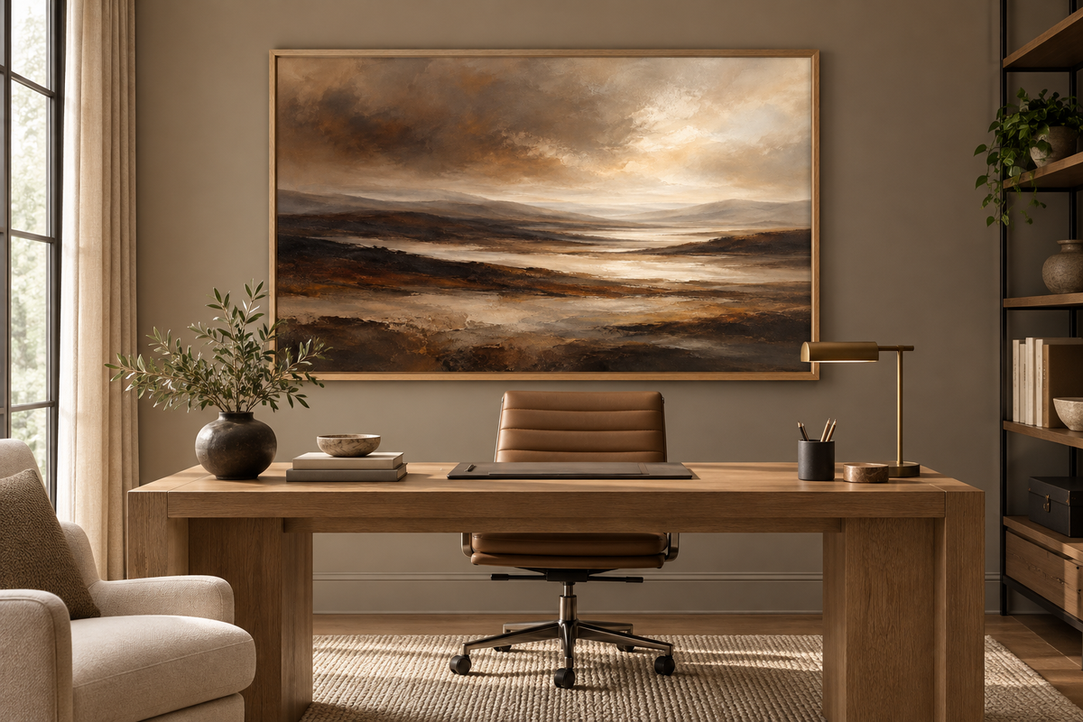 Brown abstract landscape in a warm home office