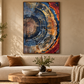 Tree Ring abstract wall art in earthy blue, rust and neutral tones displayed in a warm contemporary living room