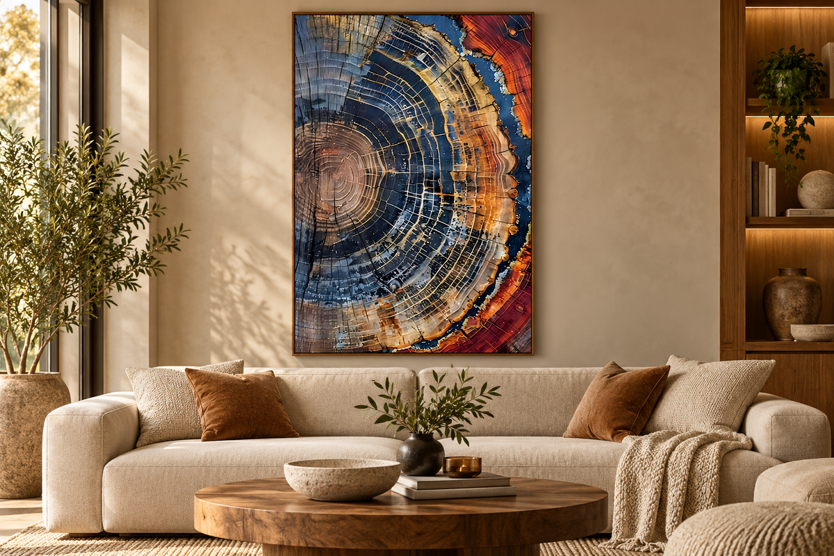 Tree Ring abstract wall art in earthy blue, rust and neutral tones displayed in a warm contemporary living room