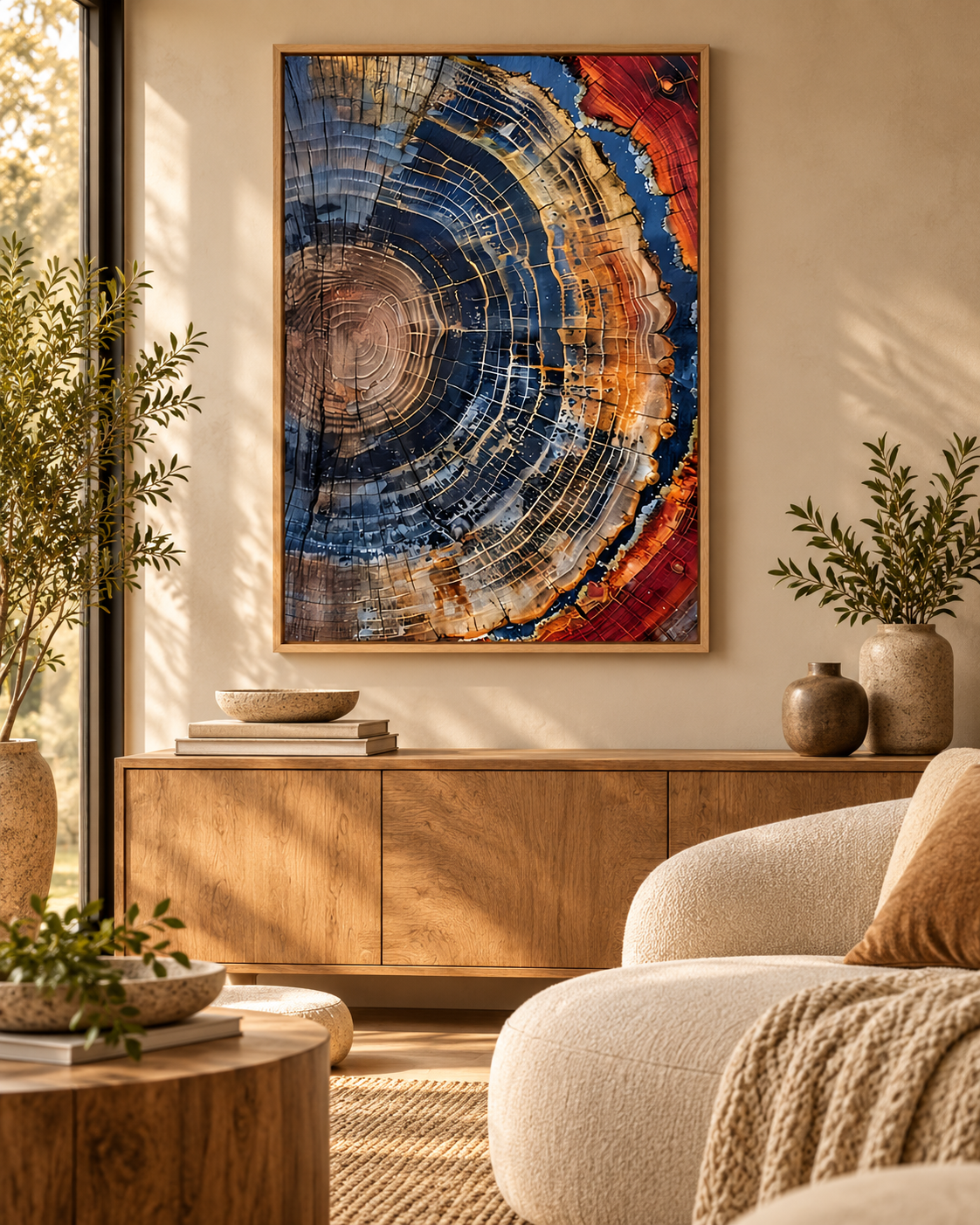 Tree Ring organic abstract wall art displayed in a sunlit warm neutral living room
