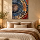 Tree Ring blue and rust abstract canvas displayed above a warm neutral bed