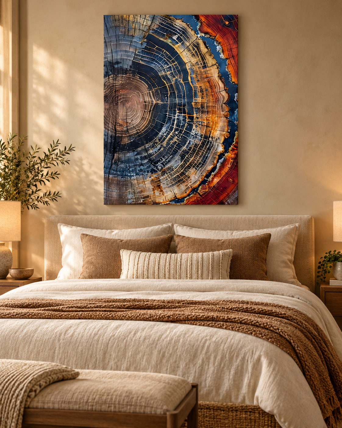 Tree Ring blue and rust abstract canvas displayed above a warm neutral bed
