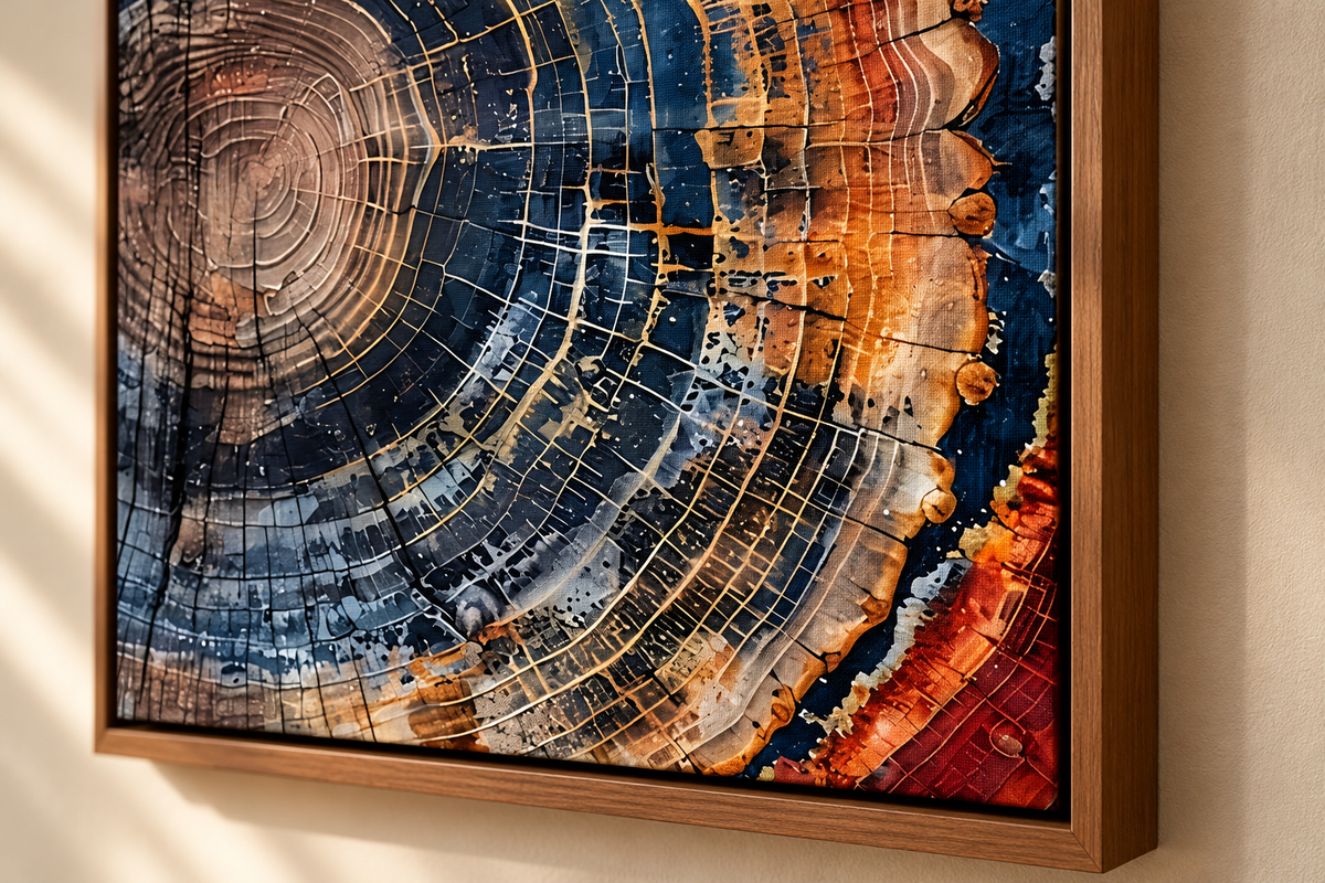 Close-up of Tree Ring abstract artwork in a warm wood frame showing texture and detail