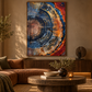 Tree Ring contemporary wall art displayed in a warm rustic living room