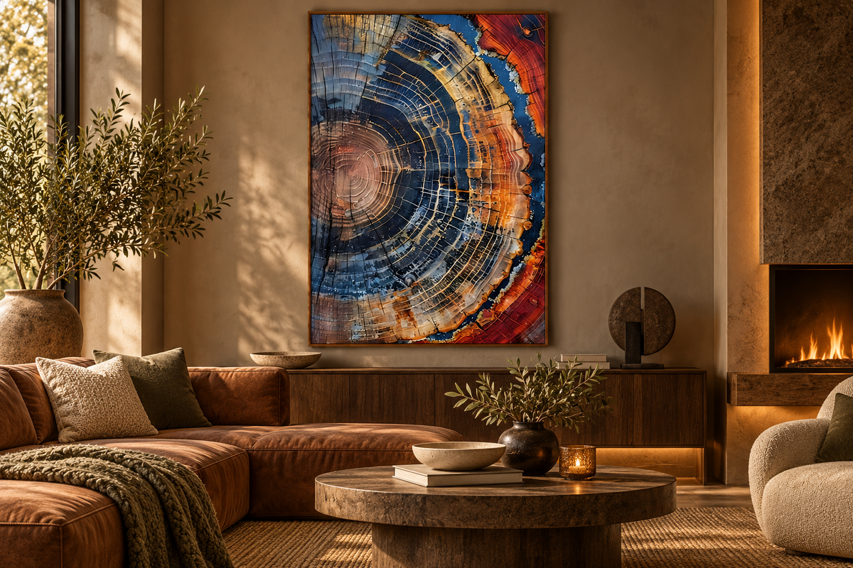 Tree Ring contemporary wall art displayed in a warm rustic living room